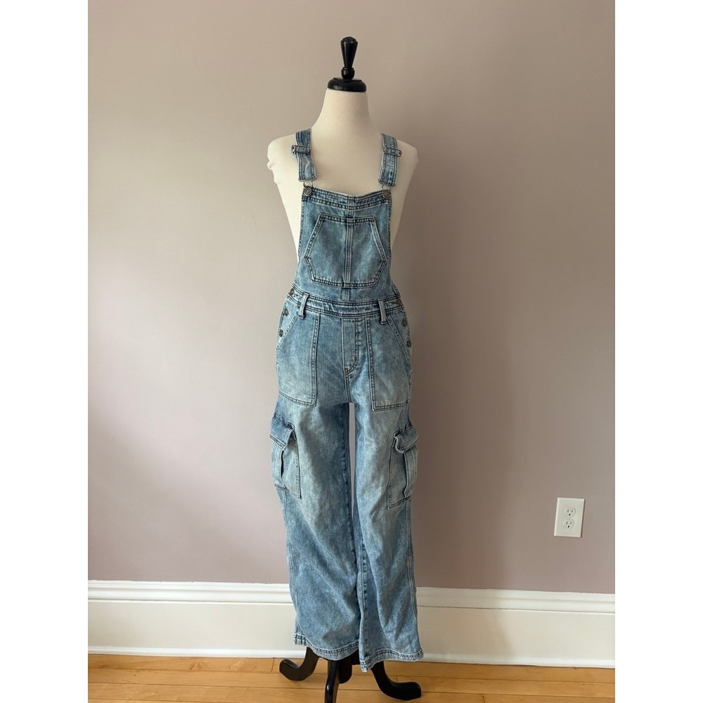 Aerie Wide Leg Cargo Overalls Light Wash XS Blue Denim